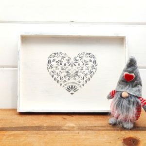 Small Wood Upcycled Footed Stenciled Heart Tray